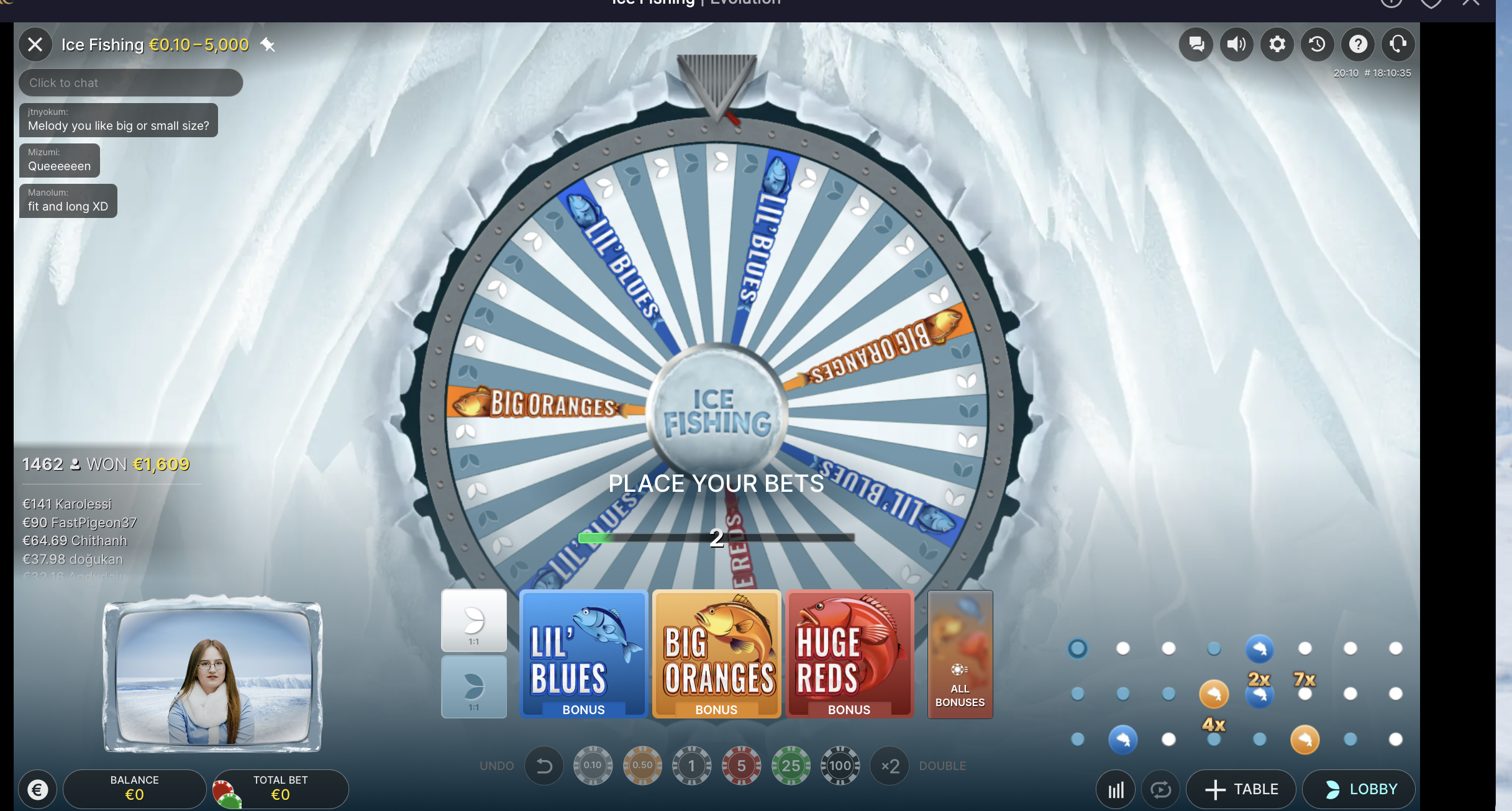 Ice Fishing desktop interface: live wheel with segment labels, five bet spots below, chip selector, Undo and Double buttons, Statistics panel on the right, and host presenter in the corner