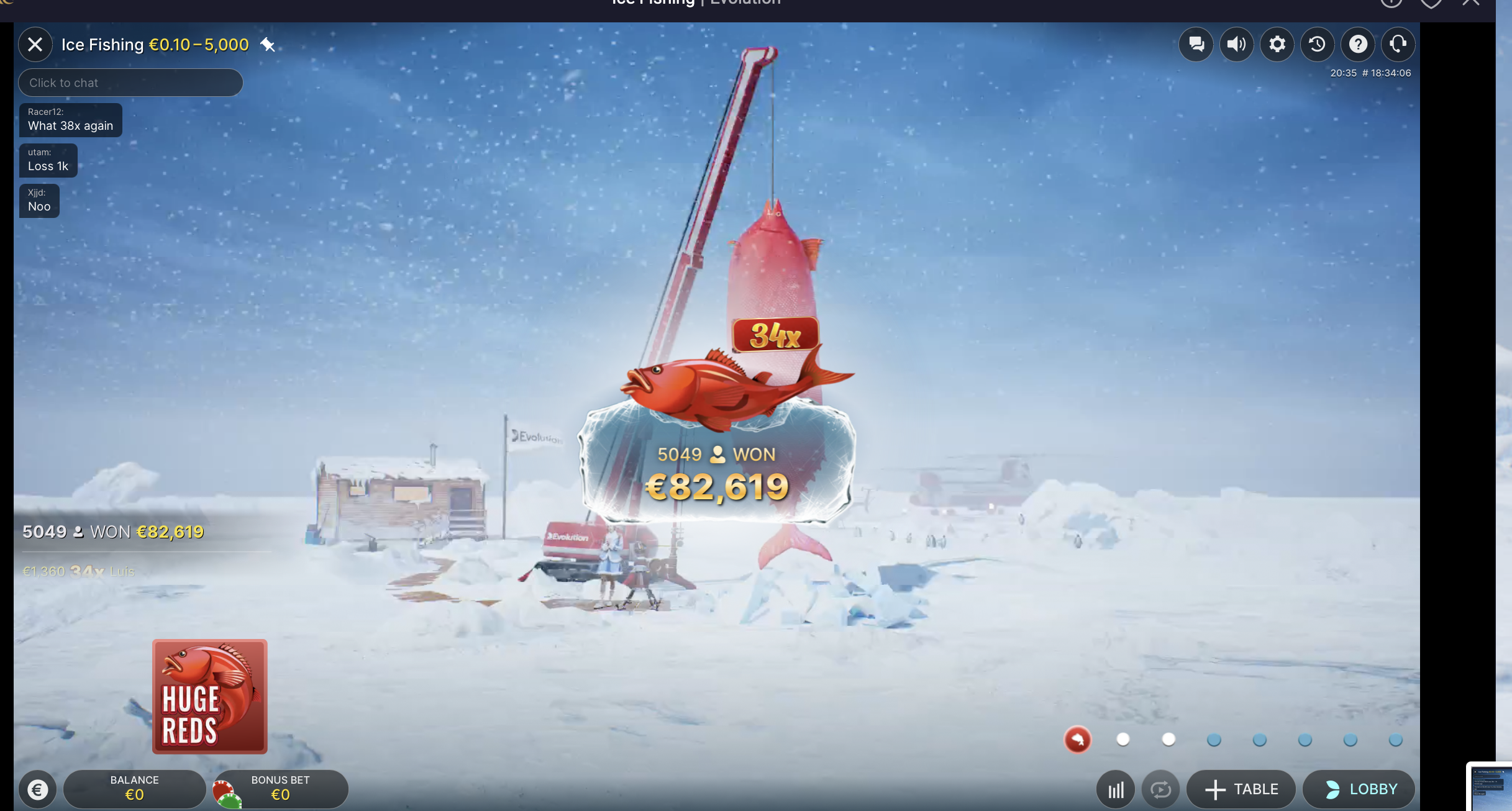 Huge Reds bonus reveal: a large red fish extracted by crane with a 34x multiplier badge and an 82,619 euro win display