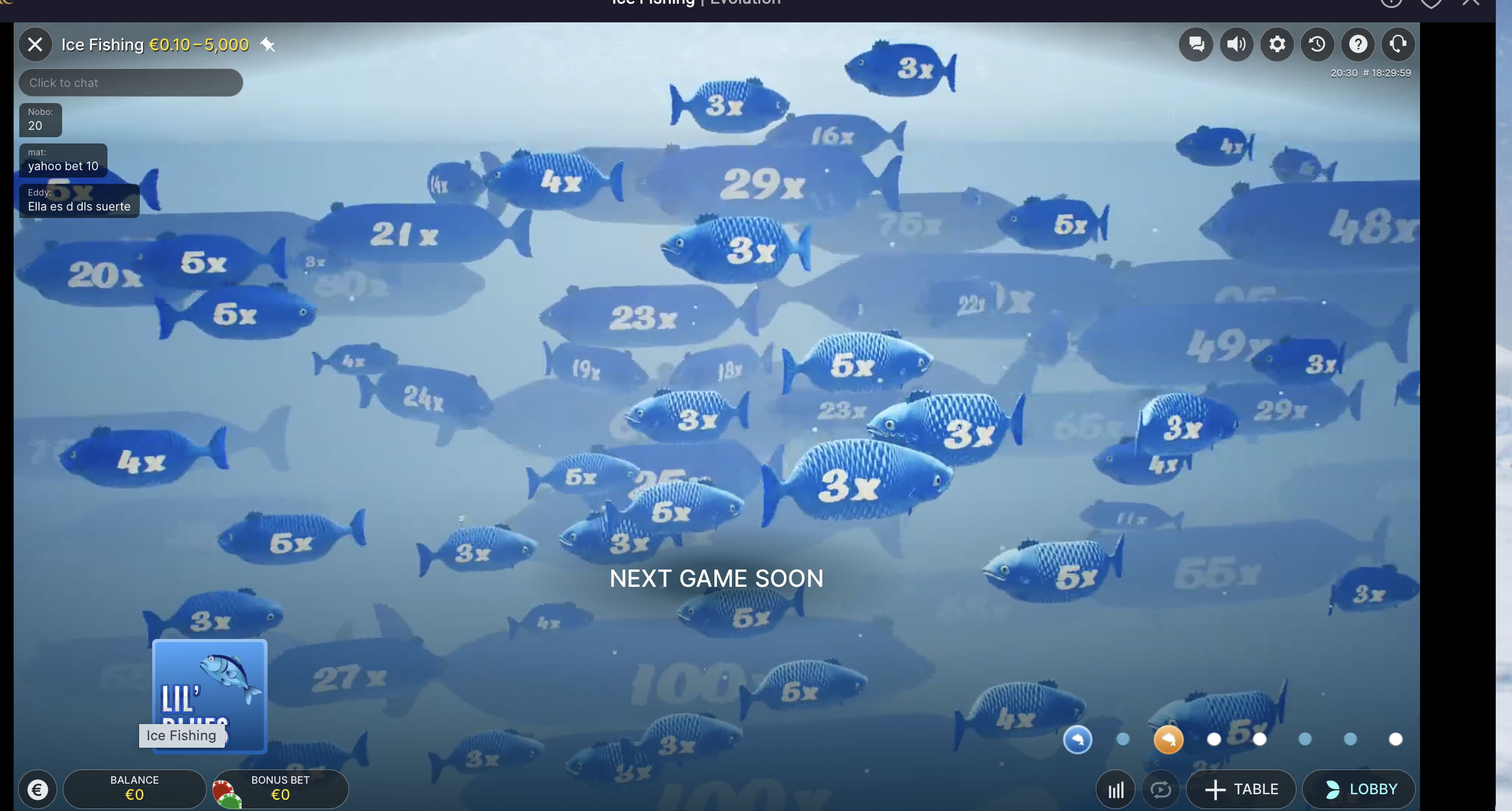 Inside the Lil' Blues bonus round showing a school of blue fish swimming with multiplier values printed on them ranging from 3x to 100x