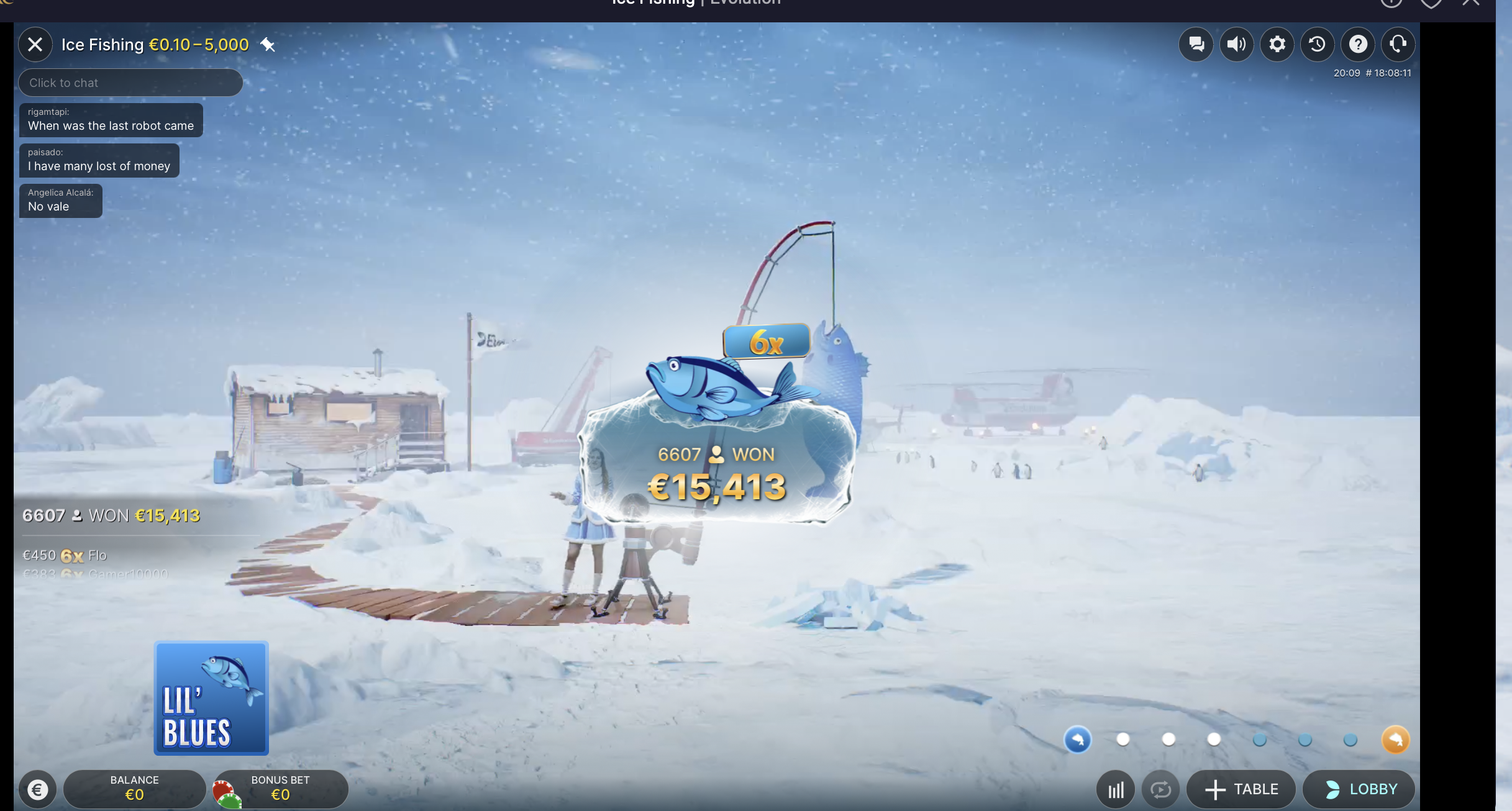 Lil' Blues bonus reveal: a blue fish caught on the line showing a 6x multiplier badge and a large 15,413 euro win display