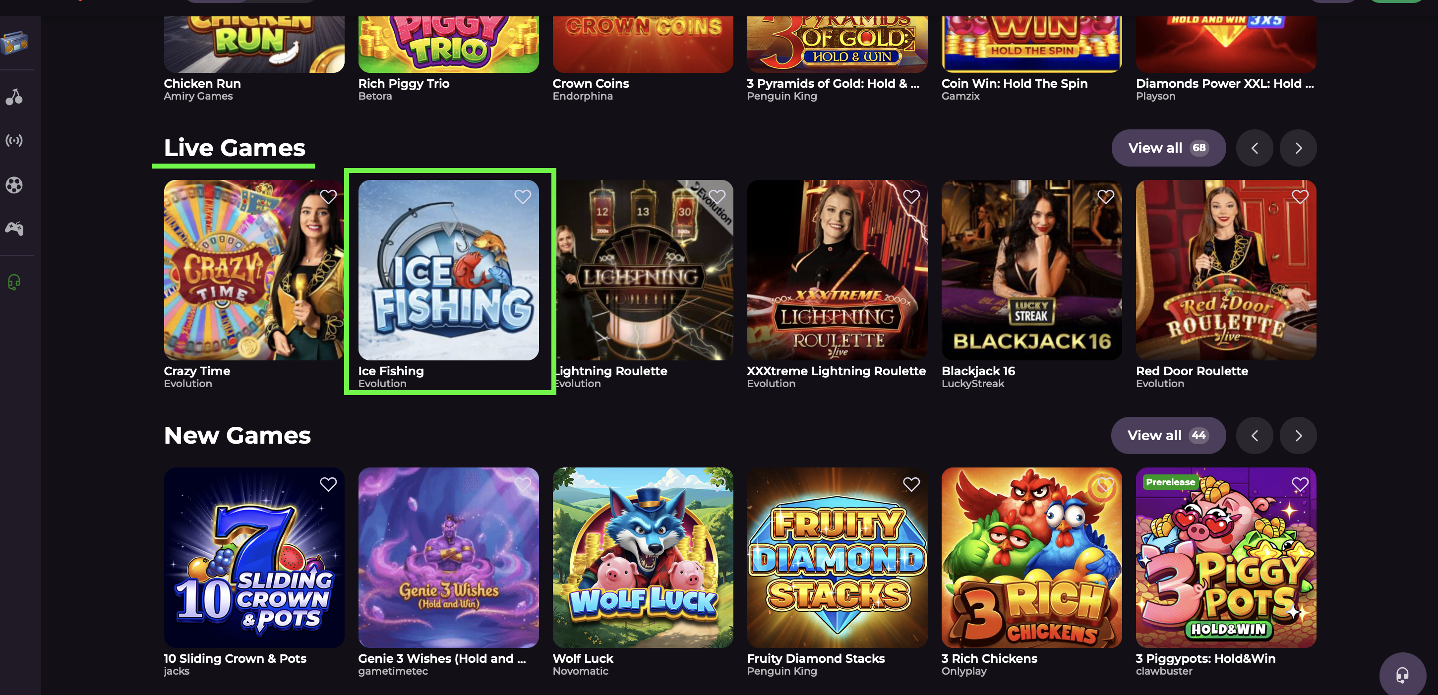 Ice Fishing in the Live Games section of RockySpin casino, shown among other Evolution titles