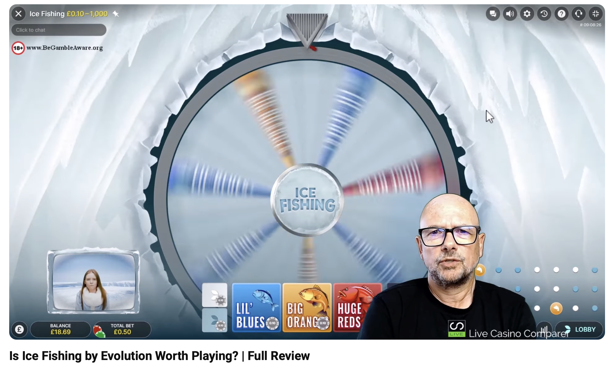 Ice Fishing Hauptspiel-Bildschirm mit Rad und Live-Host
